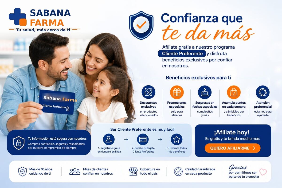 Sabana Farma — Programa Cliente Preferente: Afíliate gratis y disfruta descuentos exclusivos, puntos acumulables y atención preferencial.
